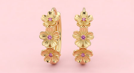 Gold flower earrings with pink gemstones. Fashion jewelry accessory.の素材