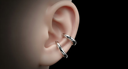 Two silver ear cuffs on an ear. Minimalist body jewelry. Modern accessory with clean look.の素材