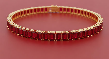 Luxurious gold tennis bracelet. Vibrant red baguette cut gemstones. Elegant jewelry piece.の素材
