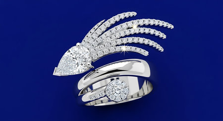 Luxury white gold ring, elaborate design, pear shaped diamond, brilliant round diamondsの素材