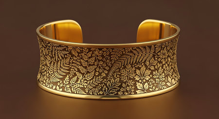 Wide gold cuff bracelet with intricate foliage engraving on a warm brown backgroundの素材
