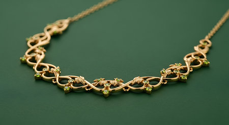 Beautiful golden vine leaf necklace with green peridot gemstones and intricate designの素材