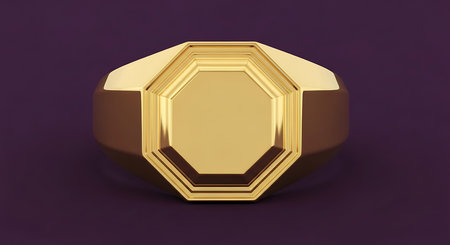 Golden signet ring. Octagonal shape. Mens jewelry piece. Gold accessory. Luxurious adornment.の素材