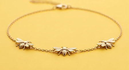 Gold chain bracelet, charming bee charms, delicate design, vibrant yellow backgroundの素材