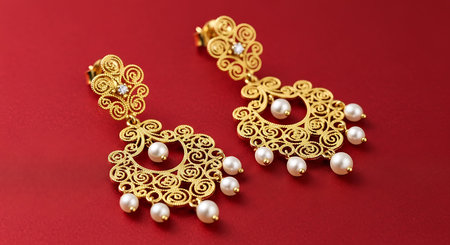 Elegant gold chandelier earrings with filigree, dangling pearls on vibrant red backgroundの素材