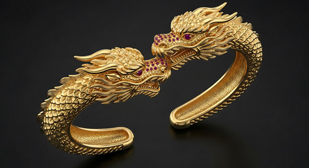 Ornate gold dragon head cuff bracelet, red gemstone eyes, intricate scales, luxury jewelry.の素材