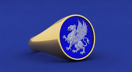 Gold signet ring, griffin emblem, blue enamel, mythical creature, statement jewelry.の素材