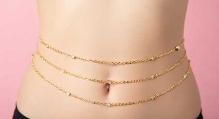 Woman wearing gold waist chains. Diamonds belly button jewelry. Female torso fashion accessory.の素材