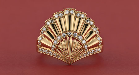 Gold fan ring. Brilliant diamonds. Opulent jewelry design. High end craftsmanship.の素材