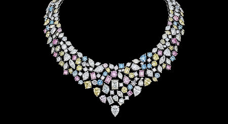 Multi colored diamond necklace, various cuts and shapes, luxurious gemstone jewelry, dark backgroundの素材