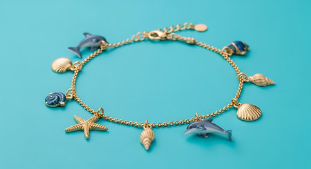 Gold charm bracelet, sea life elements, dolphins, seashells, starfish, teal backgroundの素材