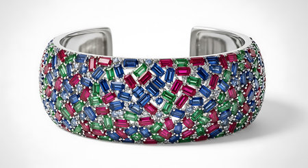 Wide silver cuff bracelet; emeralds, rubies, sapphires, diamonds; white backgroundの素材
