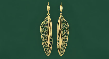 Intricate gold filigree earrings, insect wing design, nature inspired jewelryの素材