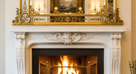 Elegant white marble fireplace with intricate carvings and ornate gold framed mirror above. Warm fire burns within hearth, reflecting luxurious and classic interior design.の素材