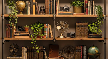 Rustic bookshelves filled with diverse collection. Old books, classic globes, and antique cameras. Decorative objects adorn shelves. Lush green plants add natural touch. Organized display of vintage items. Industrial style shelving units. Home library inspiration.の素材