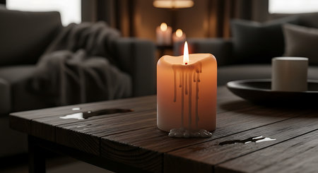 Close up of burning candle. Wax dripping down side. Wooden coffee table. Blurred modern living room background. Warm cozy ambiance. Soft glow from flame. Relaxing home atmosphere. Gentle light.の素材
