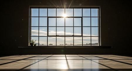 Large window with distinct grid pattern silhouetted against bright sunny sky. Strong sunlight casts dramatic long shadows across floor. Industrial style architecture with ample natural light.の素材