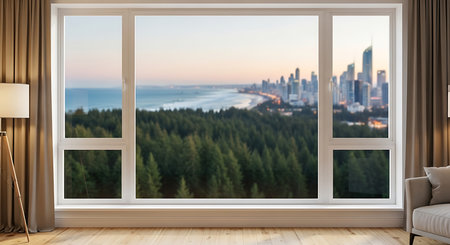 Panoramic window view. Blurred city skyline. Distant ocean horizon. Vast green forest. High rise apartment perspective. White window frames. Elegant curtains frame view. Modern living space.の素材
