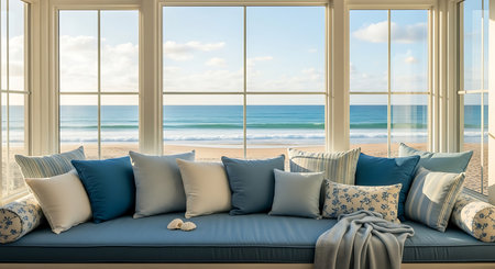Inviting bay window seat features plush blue cushions and an array of throw pillows. A cozy blanket rests on the seat. Panoramic ocean view with clear blue sky and gentle waves creates serene coastal retreat, perfect for relaxation and enjoying natural beauty.の素材