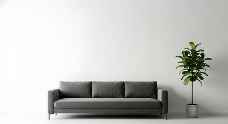 Simple gray sofa. White wall background. Potted fiddle leaf fig plant. Minimalist modern home interior. Clean design aesthetic. Contemporary living space. Home decor concept. Stylish room arrangement.の素材