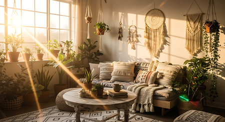 Sunlit bohemian living room. Lush indoor plants create a natural vibe. Macrame wall hangings add rustic charm. Cozy textiles and pillows enhance comfort. Inviting home decor. Relaxed aesthetic.の素材