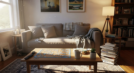 Warmly lit living room shows a comfortable sofa with throw pillows and blanket. Coffee table features a partially completed jigsaw puzzle, mug, and small plant. A floor lamp illuminates a bookshelf filled with books, adding to cozy atmosphere.の素材