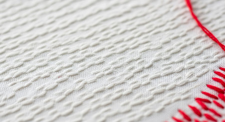 White fabric showcases detailed white embroidery, intricate patterns forming a textured background. A single red thread provides a subtle accent, emphasizing the fine, handcrafted quality of the textile. Close-up view highlights delicate stitching and artistic craftsmanship.の素材
