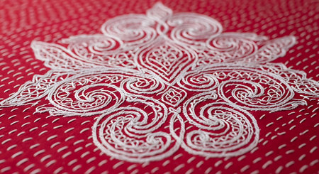 White intricate lace pattern delicately adorns vibrant red fabric background. Small white stitches create ornamental arrangement. Close-up view highlights fine detail and rich texture. Elegant design provides visual contrast and sophisticated aesthetic. Traditional needlework adds unique artistic touch.の素材