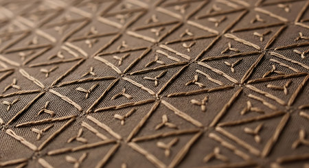 Geometric embroidered fabric showcasing intricate triangular patterns and delicate stitching. Textured and structured surface with precise handcraft. Modern textile design with abstract shapes and detailed needlework for sophisticated look.の素材