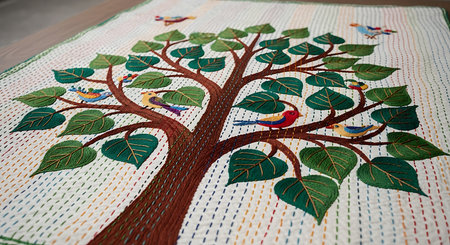 Kantha blanket with hand embroidery depicting a sprawling tree with vibrant green leaves. several colorful birds are perched on its branches, creating a charming and artistic textile with detailed stitching and a bright natural theme.の素材
