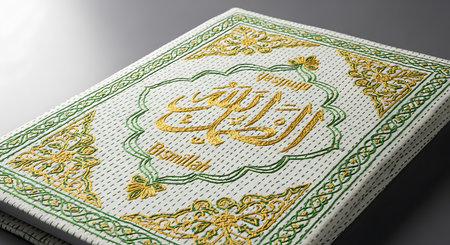 Luxurious holy book cover, exquisite white fabric. Gold and green embroidery highlights intricate arabic calligraphy. Delicate floral motifs frame the central text. Book rests on a subtle gray surface, showcasing meticulous craftsmanship. Elegant design for a sacred text.の素材