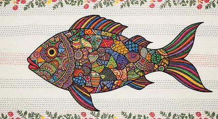 Kantha stitched textile featuring a large stylized fish, intricately detailed with diverse patterns and vibrant colors. the central design is framed by charming floral borders, creating a striking and artistic piece of fabric art.の素材
