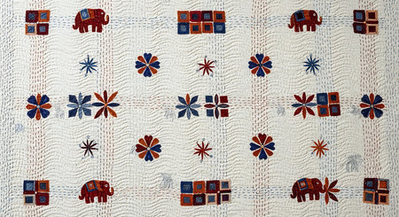 Hand-stitched kantha quilt features charming elephant motifs and colorful geometric floral patterns on a white background. Traditional textile art showcases craftsmanship with intricate stitching. Decorative fabric offers a vibrant and unique design, a testament to textile heritage.の素材