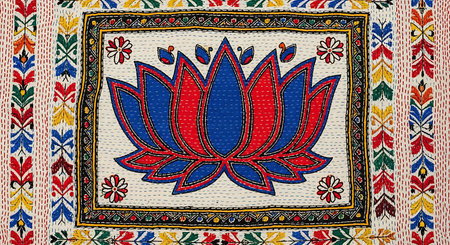 Textile art featuring kantha stitching with a prominent central lotus flower design. decorative borders and smaller floral elements frame the central image, showcasing vibrant colors and traditional indian craftsmanship on a textured background.の素材