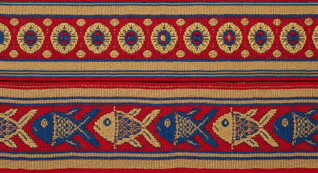 Meticulously woven fabric close-up, featuring bold red, gold, and blue stripes. Intricate circular and fish patterns are woven into the design, showcasing traditional textile art. Rich colors and detailed motifs create a unique and cultural aesthetic.の素材
