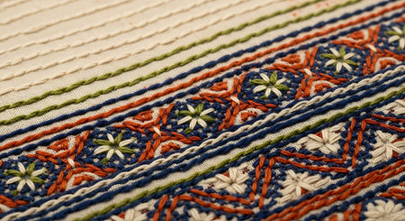 Intricate band of hand embroidery on natural fabric featuring geometric patterns. Small star-like flowers in blue, orange, white, and green thread. Detailed needlework showcasing craftsmanship and colorful design.の素材
