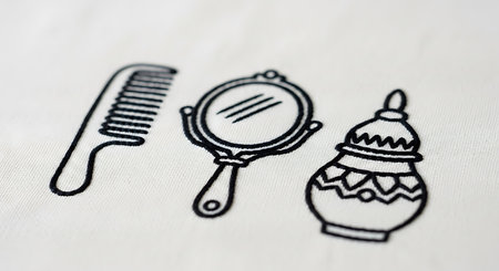 White fabric showcases embroidered line art with a comb, a hand mirror, and a decorative pot. these simple yet elegant outlines are stitched onto a plain background, highlighting precise craft and minimalist design.の素材