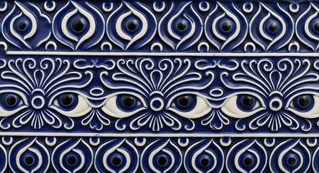 Close-up of a blue and white decorative wall panel. Features stylized eye patterns and intricate swirls, creating ornamental design. Ceramic texture enhances visual depth and tactile appeal. Rich blue and crisp white colors provide striking contrast. Decorative art piece adds unique aesthetic to space.の素材