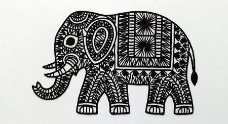 Black embroidered elephant presented on a clean white background. This artwork highlights detailed stitchwork and traditional patterns, perfect for cultural designs, textile art, or decorative motifs. Intricate needlework forms stylized animal with various textures and shapes.の素材
