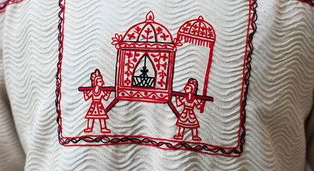 Traditional embroidered artwork on fabric featuring figures carrying a palanquin. Artwork displayed on textured white textile background with distinctive wavy patterns. Red and black thread details emphasize craftsmanship and cultural narrative. Detailed stitching creates visual depth, adding unique aesthetic.の素材