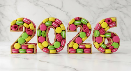 2026 composed of colorful macarons and raspberries in wooden frames, sweet numbers for new year celebration, festive dessert concept, elegant white marble background, delicious confectionery art, bakery theme, holiday season, gourmet treatの素材