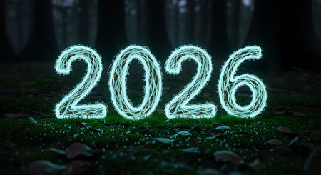 Ethereal 2026 glowing numbers. Mystical new year concept in forest. Enchanting celebration display. Nature-inspired year representation, mossy ground. Dreamy visual composition. Blue-green light effect, peaceful setting. Woodland numbers, serene presentation.の素材