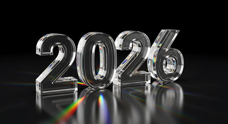 Clear glass transparent 2026 number 3d illustration on dark background. Refraction of light creates rainbow colors on surface, symbolizing future, new year, and upcoming events. Representing 2026 year with elegance.の素材