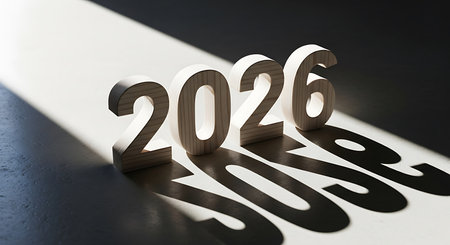 3D wooden numbers 2026 casting dramatic shadows. This imagery represents future, time, and anticipation. The stark contrast between light and shadow highlights the bold, modern design. It evokes a sense of passing time or important upcoming events.の素材