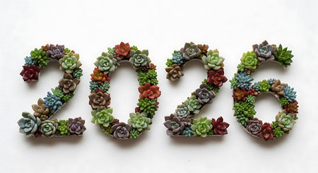 Beautiful succulent plants arranged to form 2026 numbers on white background. Representing natural and organic new year concept, this visual features vibrant greenery, symbolizing growth and fresh beginnings for 2026.の素材