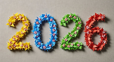 Colorful origami 2026 numbers on textured background. Festive new year art decoration. Handcrafted paper art display for celebration. Unique creative design, vibrant colors. Abstract year composition. New year concept, joyful visual presentation. Paper craft numbers with delicate details.の素材