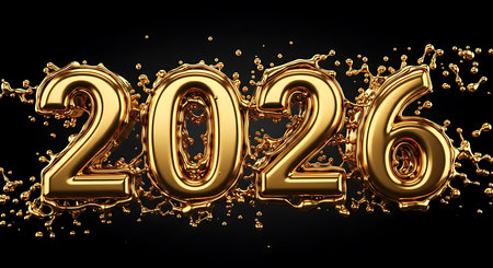Golden liquid 2026 numbers with splash effect on black background. Representing luxury and celebration, this visual signifies new year and upcoming events. Dynamic and opulent design concept for 2026.の素材