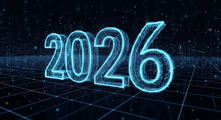 Futuristic blue glowing 2026 text with digital grid on dark background. Representing technology, data, and innovation, this visual signifies new year, future, and upcoming events. Modern design concept.の素材