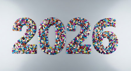 2026 created with colorful iridescent sequins, festive new year 2026 numbers, sequin typography, glittery and shiny design, sparkling numbers for calendar, holiday season, and upcoming year, bright white background, new year celebrationの素材