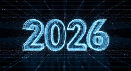 Futuristic 2026 glowing numbers. Digital new year concept with blue light particles. Technological celebration display. Abstract year representation, grid background. Modern innovation visual. Sci-fi numeric composition. Data stream aesthetic, sleek design.の素材